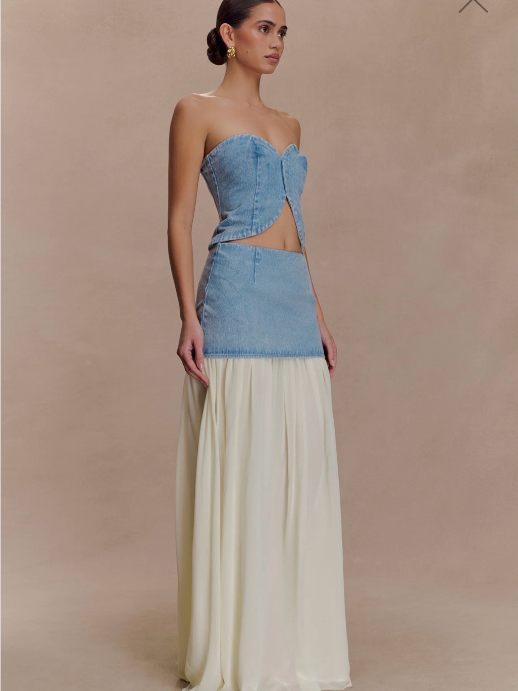 Meshki Light Blue Denim Corset Top With Cream Maxi Skirt